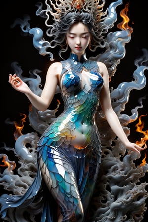 a Guanyin girl, [a white lighting translucent phantom made of smoke], intricate design, photorealistic, hyperrealistic, high definition, extremely detailed, cinematic, UHD, HDR, 32k, ultra hd, realistic, dark muted tones, highly detailed, perfect composition, beautiful detailed intricate insanely detailed octane render, trending on artstation,ghost person,Flat vector art,Magical Fantasy style,NIJI STYLE,huayu,SakimiStyle,MikieHara,Anime ,chibi,A girl in the wild ,more detail XL,cyborg style,oil paint ,dripping paint,colorful,fire element,shards
