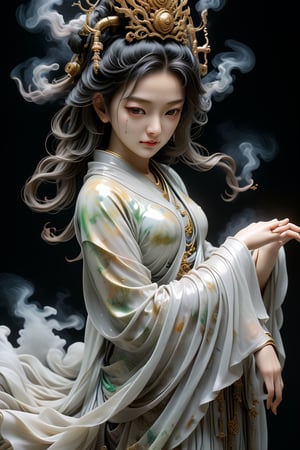 a Guanyin girl, [a white lighting translucent phantom made of smoke], intricate design, photorealistic, hyperrealistic, high definition, extremely detailed, cinematic, UHD, HDR, 32k, ultra hd, realistic, dark muted tones, highly detailed, perfect composition, beautiful detailed intricate insanely detailed octane render, trending on artstation,ghost person,Flat vector art,Magical Fantasy style,NIJI STYLE,huayu,SakimiStyle,MikieHara,Anime ,chibi,A girl in the wild ,more detail XL,cyborg style,oil paint ,dripping paint