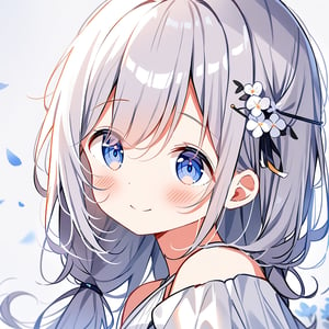 deyui, 1girl, solo, silver hair, blue eyes, eyes focus, portrait, looking at away, long hair, white dress, hair ornament, hair pin, flowers hairpin, white flowers, Blush, calm smile, closed mouth, upper body, simple background, masterpiece, best quality, very aesthetic, absurdres",