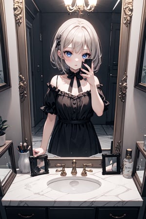 (masterpiece), 1girl, makeup, mirror, reflection