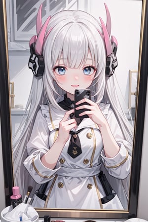 (masterpiece), 1girl, solo, cosplay, Liv, silver hair, blue eyes, long hair, blush, calm smile, makeup, holding handphone, mirror, reflection