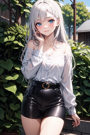 (Masterpiece:1.3), (Best Quality:1.3), (high resolution), (intricate details), (toned), uhd, (ultra_detailed)), (perfect face), (cute face), 1girl, solo, blush, makeup, silver hair, blue eyes, long hair, White shirt, long sleeves, off shoulder, cut top, belt, black short skirt, Blush, calm smile, shiny lips, closed mouth, Standing, Outdoors, flower garden, (hands on cheek), straight arms, light rays, glow, thighs, collarbone, narrow waist, (masterpiece), wallpaper, ray tracing, cinematic lighting