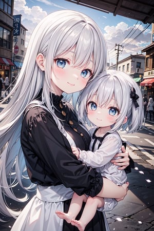 (masterpiece:1.2, best quality:1.3), ((Baby)), ((2 girls)), ((silver hair)), ((long hair)), ((blue eyes)), ((casual clothes)), ((holding a baby girl)), blush, calm smile, (baby girl smile Looking viewer), (finely detailed beautiful eyes:1.2), (cinematic lighting:1.3), glowing eyes, shiny hair, lustrous skin, white skin, (extremely delicate), (sharp face), (shadow), (extremely detailed background), (extremely detailed furniture), (Day time:1.3), (shiny hair), (bangs), (low temperature color), Outdoors, many people, City street, Day time, Afternoon, Clouds,