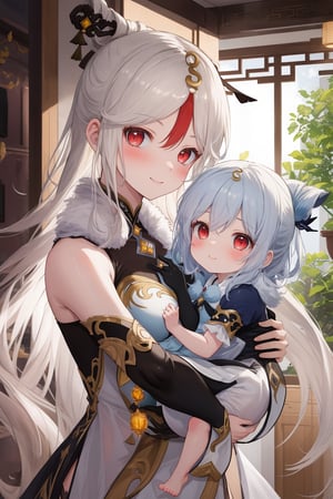 (Masterpiece:1.3), (Best Quality:1.3), (high resolution), (intricate details),  (toned), uhd, (ultra_detailed)), (perfect face), (cute face), ningguang \(genshin impact), 2girls, Baby, you’re my home, silver hair, long hair, hair ornament, red eyes, (holding a baby girl:1.2), baby girl with hair ornament shenhe, blush, calm smile, standing, looking at viewer, indoors on home