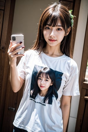 graininess,smile,cold,exposure,FilmGirl, 18_year_old, beautiful_korean_girl, girl in oversize t-shirt custume, realhands, curly_hair, brown-hair,LinkGirl,korean girl,1 girl,iu, small-head, tiny_breasts,little_cute_girl, take selfie and looking at her phone, (looking at viewer:0)