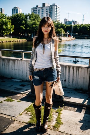 (masterpiece, top quality, best quality,1girls,Korean, beautiful face, smile, long hair, 19 years old, tank top, jacket, shorts, boots, hills, full body view, sunset, christmas style,little_cute_girl,iu