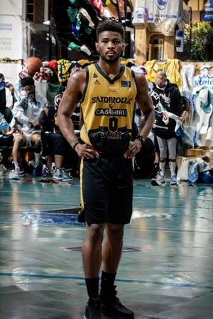 (Full body shot), African American, standing on basketball court, no hair, (brown skin), detailed face, green eyes,  wearing a warrios basketball uniform, vibrant, highly detailed background, cinematic lighting, ultra-realistic, hyper-realistic, hyper-detailed, wearing basketball_uniform,realistic,man,gianluca_antonelli, 