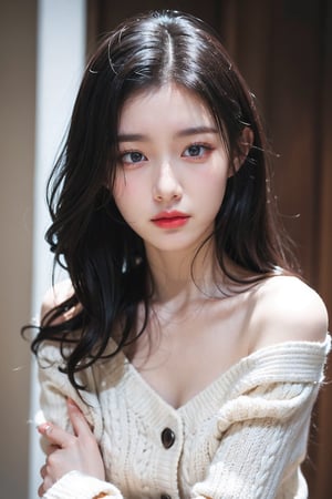 ((Fujifilm)), solo, {beautiful and detailed eyes}, park, girl in cool custume, medium breast, calm expression, natural and soft light, brown-hair, delicate facial features, cnc_cc, nude, sweater, beautiful_korean_girl, realhands,chaeryeong, small_head, curly_hair