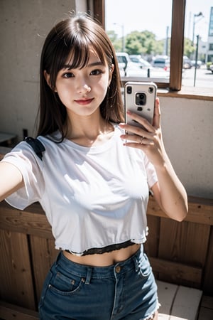 graininess,smile,cold,exposure,FilmGirl, 18_year_old, beautiful_korean_girl, girl in oversize t-shirt custume, realhands, curly_hair, brown-hair,LinkGirl,korean girl,1 girl,iu, small-head, tiny_breasts,little_cute_girl, take selfie and looking out her phone, (looking at viewer:0.01)