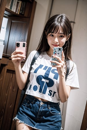 graininess,smile,cold,exposure,FilmGirl, 18_year_old, beautiful_korean_girl, girl in blue oversize t-shirt custume, realhands, curly_hair, brown-hair,LinkGirl,korean girl,1 girl,iu, small-head, tiny_breasts,little_cute_girl, take selfie and looking at her phone, (looking at viewer: 0.0)