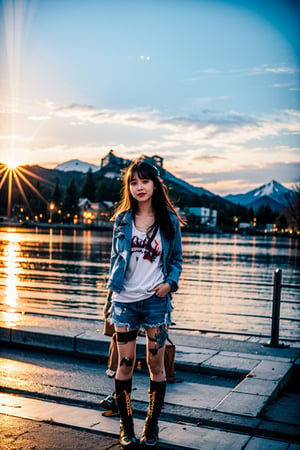 (masterpiece, top quality, best quality,1girls,Korean, beautiful face, long hair, 19 years old, tank top, jacket, shorts, boots, hills, full body view, sunset, christmas style,little_cute_girl,iu