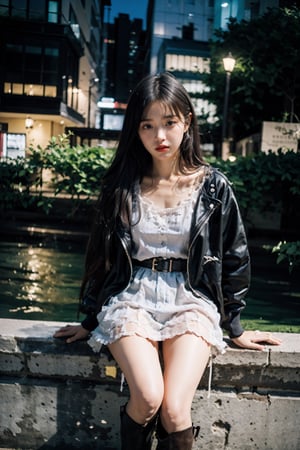 (masterpiece, top quality, best quality,1girls,Korean, beautiful face, long hair, 19 years old, jacket, shorts, boots, hills, night, christmas style dress,little_cute_girl,iu, gif,xxmix_girl