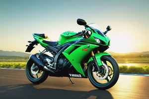 A Yamaha R15 in the racing road Cinematic lighting Octane render, simple_background, green scooter