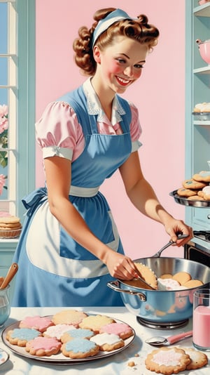 Norman Rockwell art, ultra detailed illustration in soft pastel colors, a beautiful and elegant housewife baking cookies, soft, cute smile, shabby chic livingroom environment, best quality, centered image, MSchiffer, inspired by the 1950s ((flat colors)) ((low saturation)) pink, white, blue, vintage