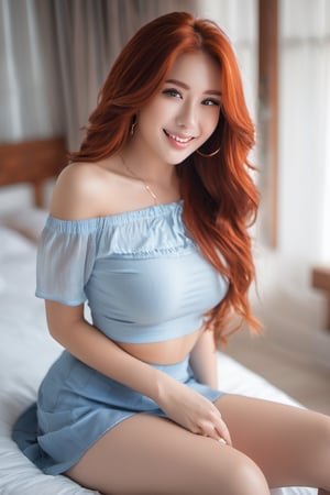 a detailed photo of a pretty girl with bedroom in her,detailmaster2, NSFW
BREAK, Long flowing hair, red hair, big_breasts, sensual smile, slightly freckled face, no top, short light blue skirt, long legs, very sexy look, protruding nipples, pouty look, lying down on the bed,