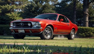 car, retro 1972 Ford mustang,grass, high detail, red,
