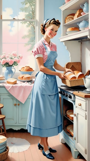 Norman Rockwell art, ultra detailed illustration in soft pastel colors, a beautiful and elegant housewife baking bread, soft, cute smile, shabby chic livingroom environment, best quality, centered image, MSchiffer, inspired by the 1950s ((flat colors)) ((low saturation)) pink, white, blue, vintage