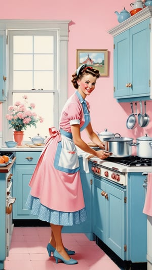 Norman Rockwell art, ultra detailed illustration in soft pastel colors, a beautiful and elegant housewife cooking, soft, cute smile, shabby chic livingroom environment, best quality, centered image, MSchiffer, inspired by the 1950s ((flat colors)) ((low saturation)) pink, white, blue, vintage