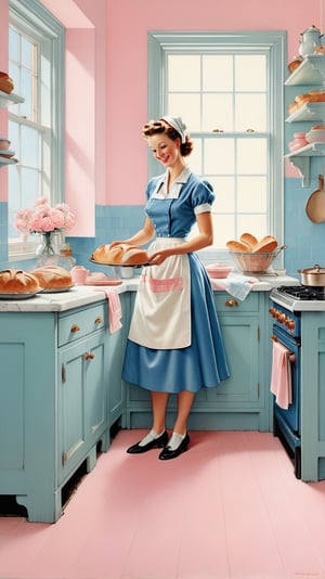 Norman Rockwell art, ultra detailed illustration in soft pastel colors, a beautiful and elegant housewife baking bread, soft, cute smile, shabby chic livingroom environment, best quality, centered image, MSchiffer, inspired by the 1950s ((flat colors)) ((low saturation)) pink, white, blue, vintage