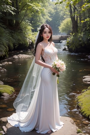 sole_female, very beautiful, bride, standing  outside, under a tree, full sun, long_hair, brunette, BREAK
long white wedding dress with flowing train.  flower in hair, holding bouquet of wedding flowers infront, full body, waist shot, facing_viewer.
BREAK
red lips, light makeup, medium_breasts, 