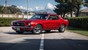 car, retro 1967 ford mustang, high detail, red with black top,