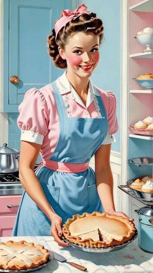 Norman Rockwell art, ultra detailed illustration in soft pastel colors, a beautiful and elegant housewife baking pies, soft, cute smile, shabby chic livingroom environment, best quality, centered image, MSchiffer, inspired by the 1950s ((flat colors)) ((low saturation)) pink, white, blue, vintage