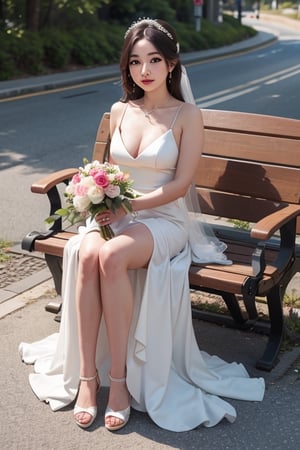 sole_female, very beautiful, bride, sitting on park bench outside, full sun, long_hair, blond_hair, 
BREAK
long white wedding dress with flowing train.  flower in hair, holding bouquet of wedding flowers infront, full body, waist shot, facing_viewer.
BREAK
red lips, light makeup, medium_breasts, 