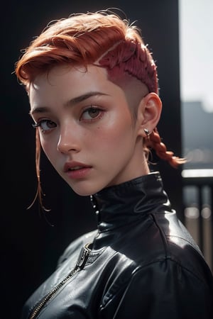 a 18 yo woman, ((long double braided ginger hair)((Cara Delevingne::0.3), ((Kasumi Arimura::0.7), ((hi-top fade::1.3),dark theme,soothing tones,muted colors,high contrast,natural skin texture,hyperrealism,soft light,sharp