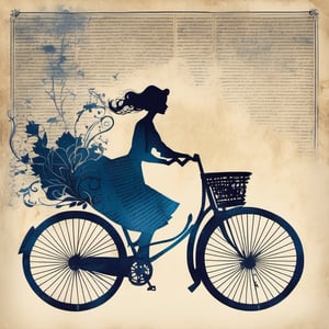 art by Marko Manev, cursive writing, vintage text,
(Calligraphy made of newspaper:1.8), gilded motifs and ornate borders, elegant, flowing, Illuminated manuscript, miniature painting, untied hair,
Faded decoupage portrait silhouette of a woman riding a bicycle, 

faded vibrant colors,

dark-blue tones, frozen effect, snow falling,
highly detailed, intricate details, masterpiece, 
