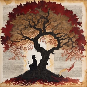 Art by Eric Fan, Calligraphy made of newspaper, silhouette man sitting,
Faded decoupage portrait silhouette man next to oak tree with huge roots,  gilded motifs and ornate borders, elegant, flowing,

faded vibrant colors,

dark-red tones, flickering flames, blaze,

Illuminated manuscript, miniature painting,

highly detailed, intricate details, masterpiece, 