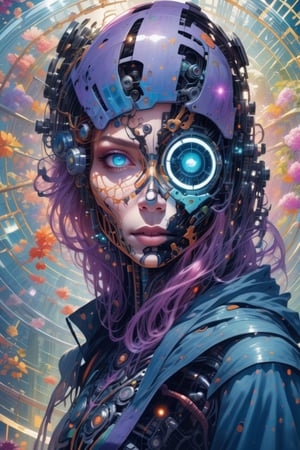 heavy cyborg enhancement, art by Callie Fink, futuristic portrait orphaned girl, science fiction, strong woman, exo-skeleton, overgrown, high_res, sun rays, vibrant colors, obscure, reflets argentés, Mysterious,Renaissance Sci-Fi Fantasy,cyborg style