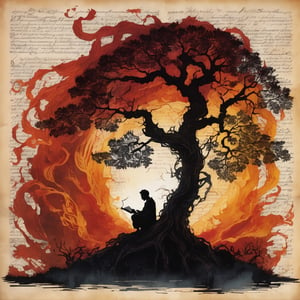 Art by Marko Manev, Calligraphy made of newspaper, silhouette man sitting,
Faded decoupage portrait silhouette man next to oak tree with huge roots,  gilded motifs and ornate borders, elegant, flowing,

faded vibrant colors,

dark-red tones, flickering flames, blaze,

Illuminated manuscript, miniature painting,

highly detailed, intricate details, masterpiece, 