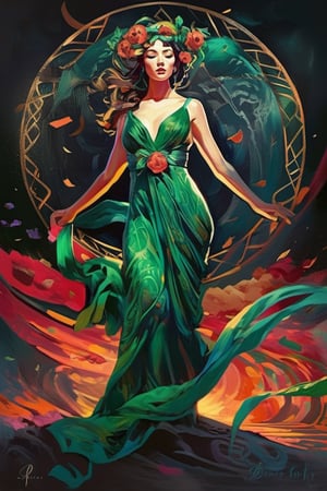 dreamcore style, Japonism style, 
strings of destiny, space-time tied by rope,
thick emerald-green magical rope, 

Greek goddess Persephone, full body, finely carved, ancient greek long draped dress, elegant, golden necklaces with ruby, poppy flower crown,   

dark, monochrome, silhouette, 
swirling pulsating core, 

Dark art by Callie Fink, art by Atelier Olschinsky, Brandon Woelfel, Françoise Nielly, 

surrealism, fantasy art, highly detailed, Chiaroscuro,
wide-shot, Dazzling, 4K, UHDR, vibrant colors, ,greg rutkowski