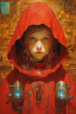 onoff, art by Michael Shapcott, innocent girl technopriest, long heavy red hooded robe, breathing mask, energy weapons laser guns, heavy technological backpacks, cybernetic implants, adeptus mechanicus, cybernetic enhancement, 
Calligraffiti, Chiaroscuro, 
fantasy art, highly detailed, centered, 
masterpiece, full body, ,more detail XL