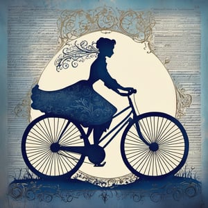 frozen effect, snow falling,
art by Marko Manev, cursive writing, vintage text,
(Calligraphy made of newspaper:1.8), gilded motifs and ornate borders, elegant, flowing, Illuminated manuscript, miniature painting, untied hair,
Faded decoupage portrait silhouette of a woman riding a bicycle, 

faded vibrant colors,

dark-blue tones, 
highly detailed, intricate details, masterpiece, 
