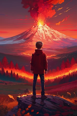 Art by Alena Aenami, looking at the camera, lonely european boy, modern clothing, dark-red tones, fire effect, ashe arround the boy, magic fire effect, vortex of magic,  full body, european countryside background, highly detailed, centered, masterpiece,