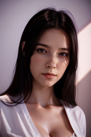 (raw photo:1.2), (photorealistic:1.4), beautiful detailed girl, extremely detailed eyes and face, beautiful detailed eyes,absurdres, incredibly absurdres, huge filesize , ultra-detailed, highres, extremely detailed,best quality ,masterpiece, illustration, an extremely delicate and beautiful, extremely detailed ,CG ,unity ,8k wallpaper, Amazing, finely detail, masterpiece,best quality,official art,extremely detailed CG unity 8k wallpaper, medium sized chest, cleavage, white shirt, selfie, 