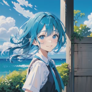 a drawing of a woman with blue hair,blue sky, closeup cinematic school scene, made with anime painter studio, water levels, inspired by Hanabusa Itchō II, inspired by John William, wearing a uniform, gentle smile, kaoru mori, looking out of the window, loosely cropped, sora
