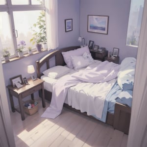a girl bed room with a neatly made bed and a desk, window sun light purple, flat 2 d design, 2. sigara aşırmak, ekasportal, clean lighting, inspired by Alison Debenham, serene environment, promotional photography,watercolor