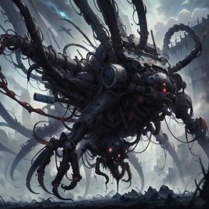 ultra-detailed,(best quality),((masterpiece)),(highres),original,extremely_detailed,(an extremely delicate and beautiful),perfectly_drawn,high_resolution,ultra_detailed,|eldritchtech|,mechanical_spider,spider,corpse, biomechanical, flesh,bones,rotten,horror,splatterpunk,bio_horror,tech,dark_fantasy,grimdark,silent_hill_creature,ancient_technology,morbid,horrorpunk,ToxicPunkAI,manga panel,dragon ear