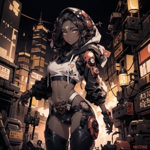 Rebreather, Hoodie, cyberpunk city, (masterpiece), best quality, expressive eyes, perfect face, dark skin, big_boobs, long black hair, dark-female, (dark_skin), sexy, slim body, sexy wasitline, flat tummy, skinny shoulders, tall, very sexy, crotch tattoo, g-string panty, chocolate coloured skin colour, 