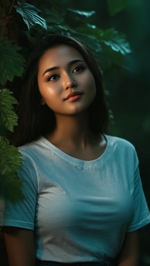 full body, Indonesian local girl, feminine pose, light make-up,smile,cinematic film still of dim light, low light, dramatic light, partially covered in shadow, realistic photo, close-up, close-up shot, plain white t-shirt,, gigantic breasts, masterpiece, ripped long denim pants, 18 years old, radiating an air of allure and sophisticated charm, with a striking, captivating face, positioned against the backdrop of a busy nighttime fantasy forest, shining leaves, shining flowers,, her gaze piercing into the camera, Low-key lighting , 32k resolution, best quality, high saturation , edgy, photo-real, Style, sky, at dusk,scenery, shallow depth of field, vignette, highly detailed, high budget, bokeh, cinemascope, moody, epic, gorgeous, film grain, grainy, Low-key lighting Style ,neon photography style