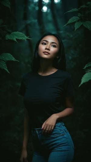 full body, Indonesian local girl, feminine pose, light make-up,smile,cinematic film still of dim light, low light, dramatic light, partially covered in shadow, realistic photo, close-up, close-up shot, plain white t-shirt,, gigantic breasts, masterpiece, ripped long denim pants, 18 years old, radiating an air of allure and sophisticated charm, with a striking, captivating face, positioned against the backdrop of a busy nighttime fantasy forest, shining leaves, shining flowers,, her gaze piercing into the camera, Low-key lighting , 32k resolution, best quality, high saturation , edgy, photo-real, Style, sky, at dusk,scenery, shallow depth of field, vignette, highly detailed, high budget, bokeh, cinemascope, moody, epic, gorgeous, film grain, grainy, Low-key lighting Style ,neon photography style