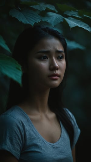 visible from afar ,(((full body))), Indonesian local girl, (((crying_tears))), cinematic film still of dim light, low light, dramatic light, partially covered in shadow, realistic photo, close-up, close-up shot, plain white t-shirt,, masterpiece, ripped long denim pants, 18 years old, radiating an air of allure and sophisticated charm, with a striking, captivating face, positioned against the backdrop of a busy nighttime fantasy forest, shining leaves, shining flowers,, her gaze piercing into the camera, Low-key lighting , 32k resolution, best quality, high saturation , edgy, photo-real, Style, sky, at dusk,scenery, shallow depth of field, vignette, highly detailed, high budget, bokeh, cinemascope, moody, epic, gorgeous, film grain, grainy, Low-key lighting Style ,neon photography style