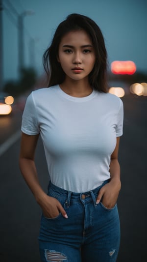 nsfw, ., . , ., slender twenty year old woman, indoneisan local girl face,, feminine pose, (((full-body_portrait))), faint smile,


,cinematic film still of  dim light, low light, dramatic light, partially covered in shadow, 
realistic photo, close-up, close-up shot,
(((plain white t-shirt))),, gigantic_breasts,

,masterpiece,., 


(((ripped long denim pants))),,

,,18 years old, radiating an air of allure and sophisticated charm, with a striking, captivating face, positioned against the backdrop of a busy nighttime highway,,,

,her gaze piercing into the camera.,

Low-key lighting ,
 32k resolution, best quality, (high saturation:1.1), edgy, photo-real, 
Style,sky, at dusk,scenery, shallow depth of field, vignette, highly detailed, high budget, bokeh, cinemascope, moody, epic, gorgeous, film grain, grainy,Low-key lighting Style,photo r3al,p3rfect boobs,neon photography style