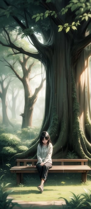 16k, realistic, perfect, dark green forest,1 girl,
,rain, big old tree ,
, long black hair,
,cry,
,little girl, red Hoodie, 


,long black loose trousers,

,
, sitting on top old wooden bench,

,, seen from afar,perfecteyes