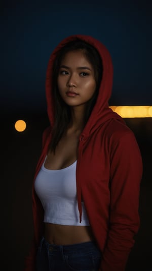 nsfw, ., . , ., slender twenty year old woman, indoneisan local girl face,, feminine pose, (((full-body_portrait))), faint smile,


,cinematic film still of  dim light, low light, dramatic light, partially covered in shadow, 
realistic photo, close-up, close-up shot,
(((The red hoodie is wide open with a plain white t-shirt fully visible inside))),, gigantic_breasts,

,masterpiece,., 


(((ripped long denim pants))),,

,,18 years old, radiating an air of allure and sophisticated charm, with a striking, captivating face, positioned against the backdrop of a busy nighttime highway,,,

,her gaze piercing into the camera.,

Low-key lighting ,
 32k resolution, best quality, (high saturation:1.1), edgy, photo-real, 
Style,sky, at dusk,scenery, shallow depth of field, vignette, highly detailed, high budget, bokeh, cinemascope, moody, epic, gorgeous, film grain, grainy,Low-key lighting Style,photo r3al,p3rfect boobs,neon photography style