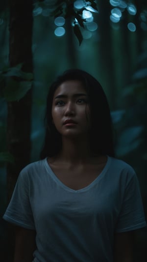 visible from afar ,(((full body:1.1))), Indonesian local girl, (((crying_tears))), cinematic film still of dim light, low light, dramatic light, partially covered in shadow, realistic photo, close-up, close-up shot, plain white t-shirt,, masterpiece, black ripped long denim pants, 18 years old, radiating an air of allure and sophisticated charm, with a striking, captivating face, positioned against the backdrop of a busy nighttime fantasy forest, shining leaves, shining flowers,, her gaze piercing into the camera, Low-key lighting , 32k resolution, best quality, high saturation , edgy, photo-real, Style, sky, at dusk,scenery, shallow depth of field, vignette, highly detailed, high budget, bokeh, cinemascope, moody, epic, gorgeous, film grain, grainy, Low-key lighting Style ,neon photography style, perfect boobies,