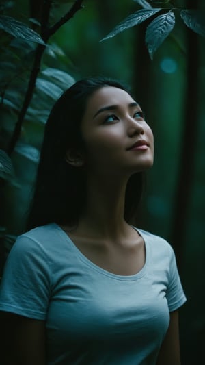 full body, Indonesian local girl, feminine pose, light make-up,smile,cinematic film still of dim light, low light, dramatic light, partially covered in shadow, realistic photo, close-up, close-up shot, plain white t-shirt,, gigantic breasts, masterpiece, ripped long denim pants, 18 years old, radiating an air of allure and sophisticated charm, with a striking, captivating face, positioned against the backdrop of a busy nighttime fantasy forest, shining leaves, shining flowers,, her gaze piercing into the camera, Low-key lighting , 32k resolution, best quality, high saturation , edgy, photo-real, Style, sky, at dusk,scenery, shallow depth of field, vignette, highly detailed, high budget, bokeh, cinemascope, moody, epic, gorgeous, film grain, grainy, Low-key lighting Style ,neon photography style