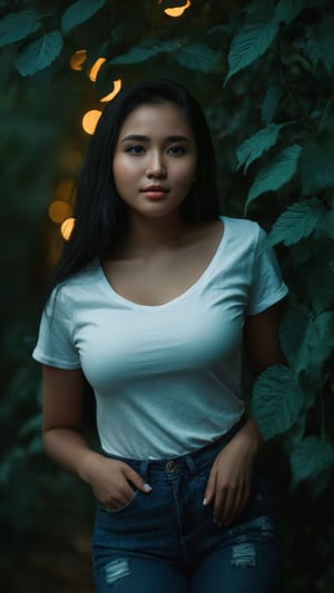 full body, Indonesian local girl, feminine pose, light make-up,smile,cinematic film still of dim light, low light, dramatic light, partially covered in shadow, realistic photo, close-up, close-up shot, plain white t-shirt,, gigantic breasts, masterpiece, ripped long denim pants, 18 years old, radiating an air of allure and sophisticated charm, with a striking, captivating face, positioned against the backdrop of a busy nighttime fantasy forest, shining leaves, shining flowers,, her gaze piercing into the camera, Low-key lighting , 32k resolution, best quality, high saturation , edgy, photo-real, Style, sky, at dusk,scenery, shallow depth of field, vignette, highly detailed, high budget, bokeh, cinemascope, moody, epic, gorgeous, film grain, grainy, Low-key lighting Style ,neon photography style